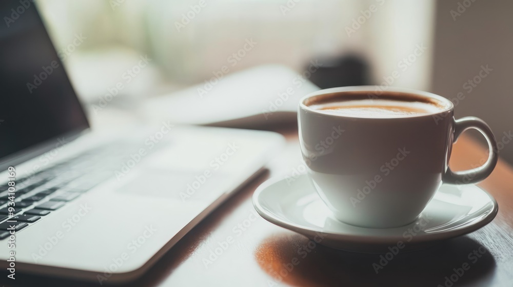 Coffee cup beside a laptop on office desk Coffee cup beside a laptop on office desk