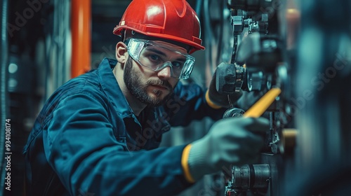 A focused maintenance worker inspecting a piece of machinery, tools in hand, against a subtle background