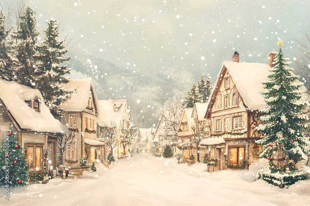 Fototapeta premium Vintage postcard with snowy village street. Winter landscape with snowfall. Christmas celebration concept. Retro card design, illustration. 