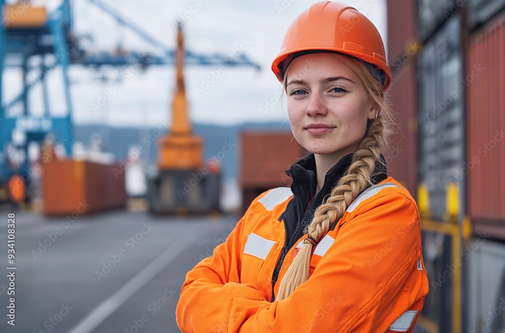 A young woman in an orange work jacket and helmet stands in a busy port A young woman in an orange work jacket and helmet stands in a busy port