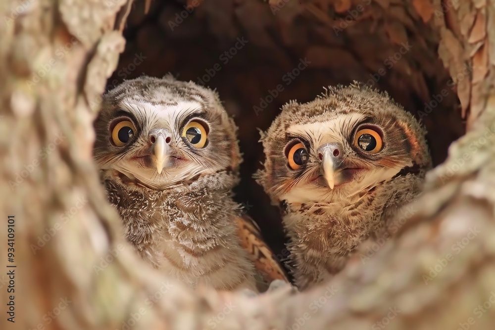 two owls are sitting in nest together, pair of baby owls peer out from their nest, blinking in the daylight two owls are sitting in nest together, pair of baby owls peer out from their nest, blinking in the daylight