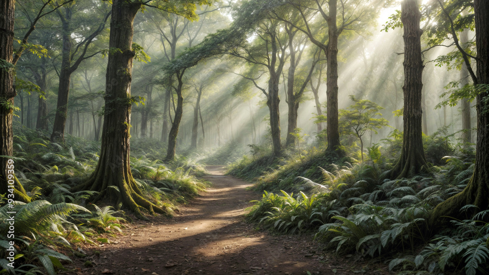 Obraz premium Tranquil Forest Path with Sun Rays Illuminating the Underbrush