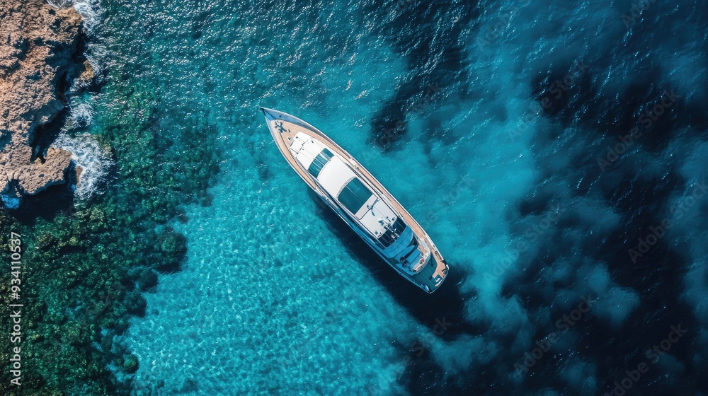 Overhead view of a pristine yacht floating serenely in the clear sea, surrounded by endless ocean and gentle waves. Overhead view of a pristine yacht floating serenely in the clear sea, surrounded by endless ocean and gentle waves.