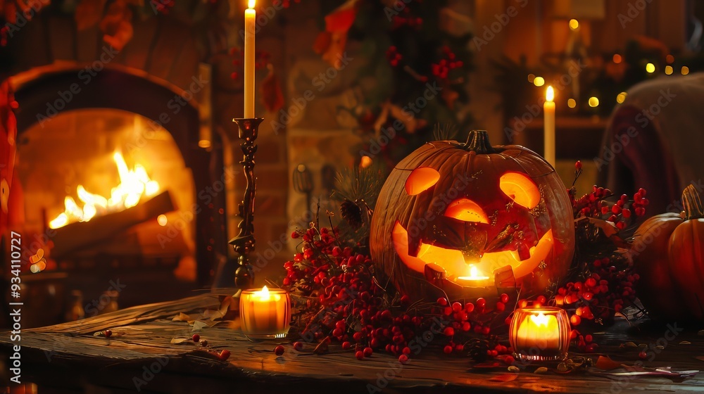 Smiling jack-o-lantern with glowing candlestick, surrounded by candles, and warm fireplace Smiling jack-o-lantern with glowing candlestick, surrounded by candles, and warm fireplace