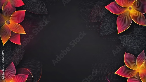 A vibrant floral design featuring bright flowers and dark leaves on a black background, ideal for digital graphics.