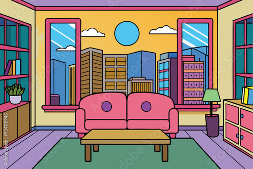 A drawing of a living room with a view of a city vector illustration