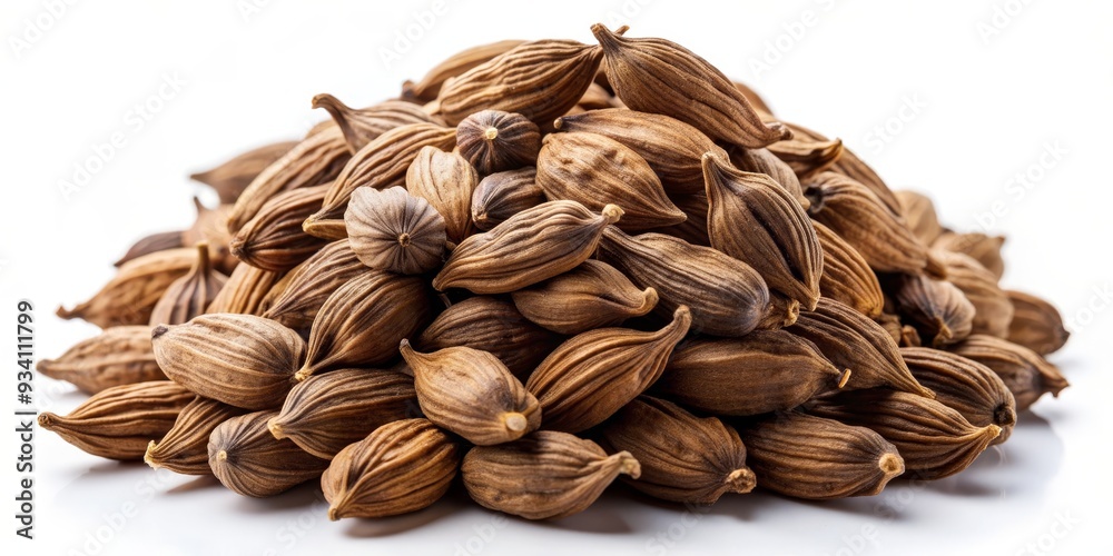 Aromatic Cardamom Pods Close-up, Macro Photography, Spice Heap, Brown Pods, White Background, cardamom, spice Aromatic Cardamom Pods Close-up, Macro Photography, Spice Heap, Brown Pods, White Background, cardamom, spice