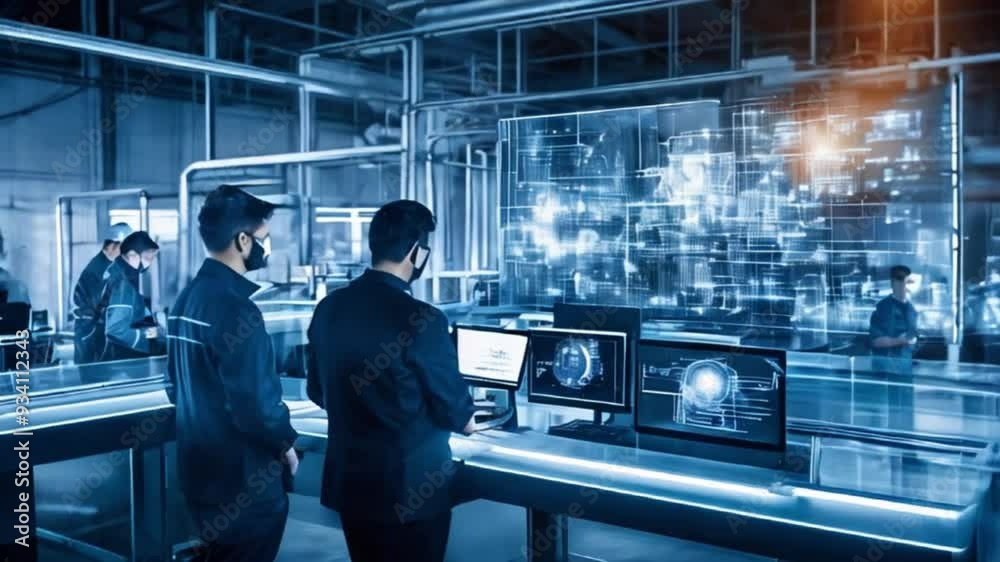 接続された自動化機械を管理するエンジニアと専門家のチームが働く未来の産業工場