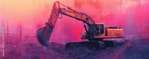Excavator in a surreal landscape with vibrant pink and purple hues