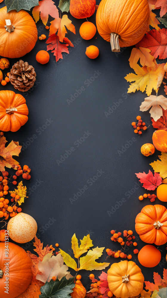 A black background with a frame of orange and yellow leaves and pumpkins A black background with a frame of orange and yellow leaves and pumpkins