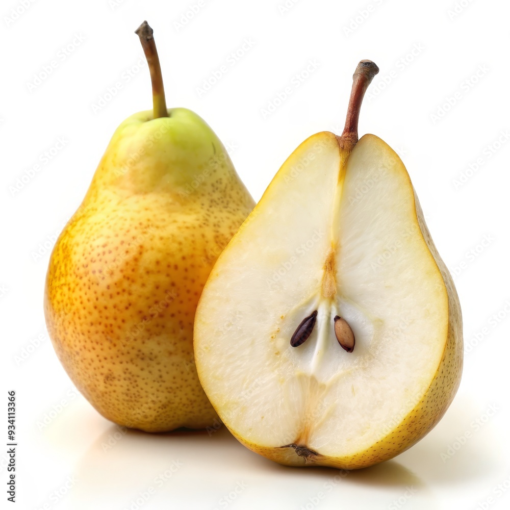 A Whole and Sliced Yellow Pear on White Background, fruit, pear, healthy, food