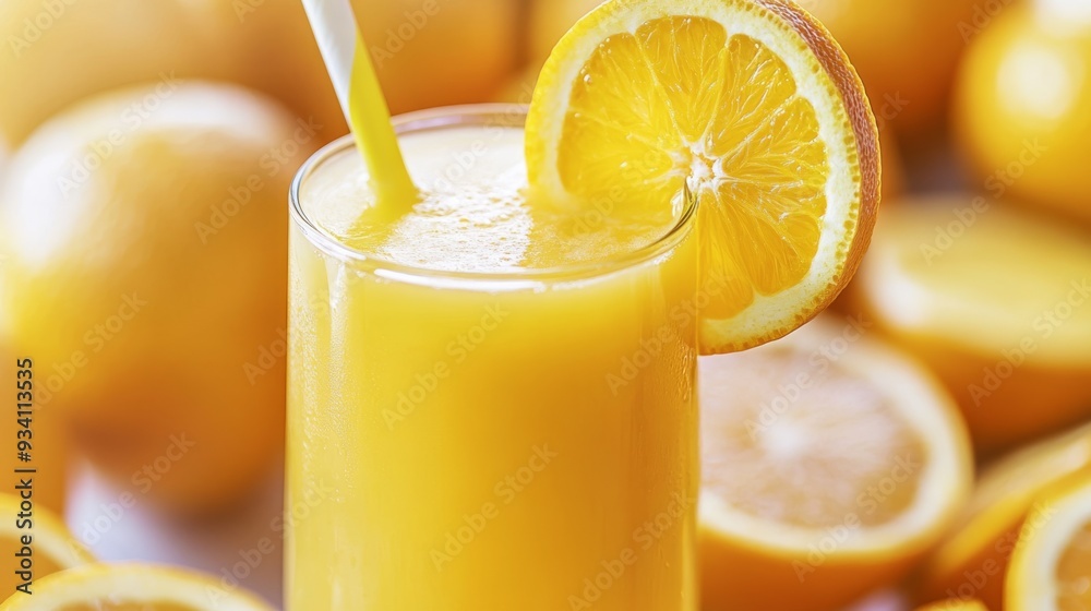 Fototapeta premium Freshly squeezed orange juice with sliced citrus fruits