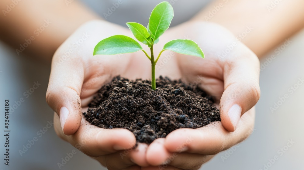 Hands holding a small plant with soil, symbolizing nurturing nature Hands holding a small plant with soil, symbolizing nurturing nature