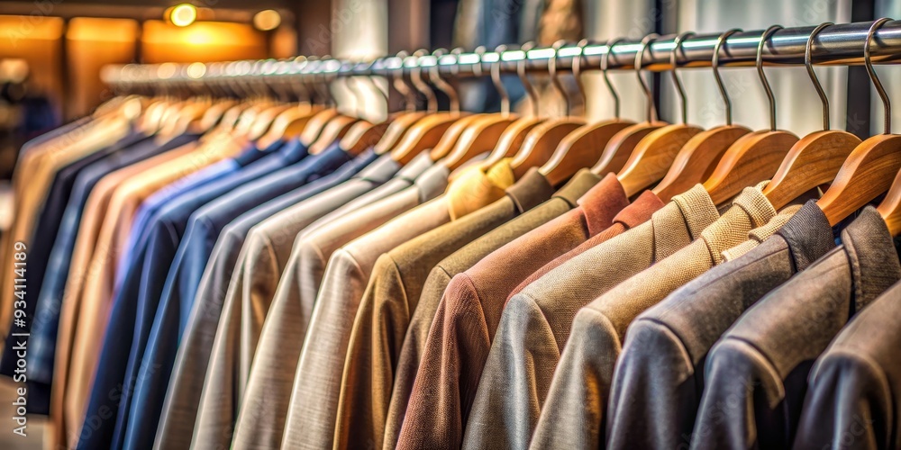 Fototapeta premium A Row of Suits Hanging on Wooden Hangers in a Store, wooden hangers, suits, apparel, clothing, fashion, retail