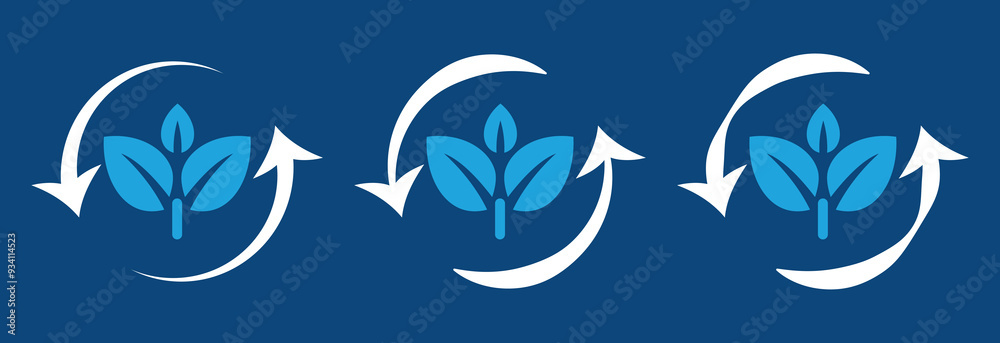 Fototapeta premium Eco-friendly green leaf and arrow icons feature three interlocking leaves with circular arrows. Ideal for sustainable projects, environmental initiatives, and green businesses.
