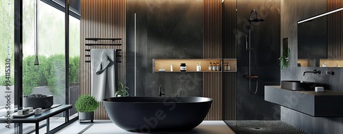 Bathroom luxury interior design with matte black bath and modern shower