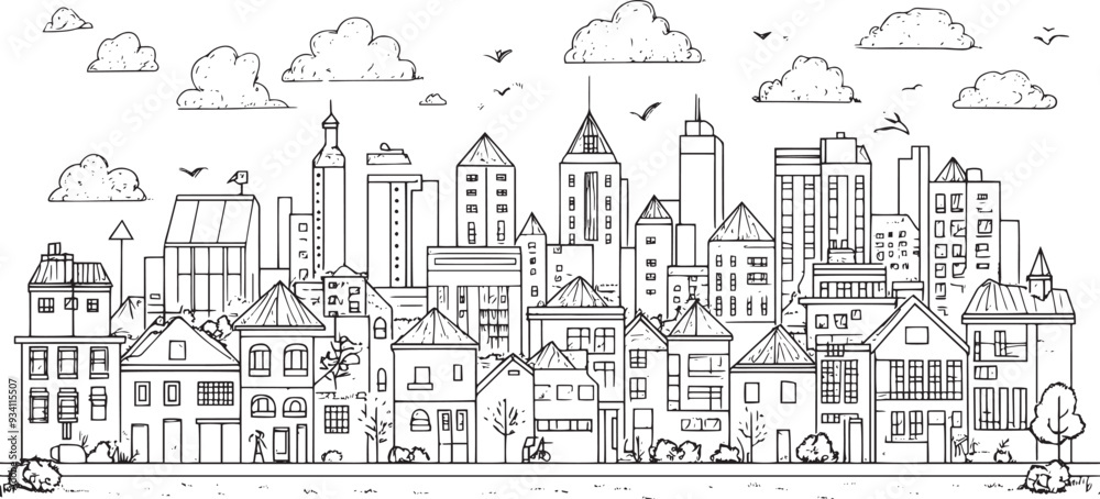 City landscape. Line urban backdrop. Skyline with clouds, different buildings on street, doodle street draw, outline cityscape hand sketch, flat houses. Hand drawn vector illustration City landscape. Line urban backdrop. Skyline with clouds, different buildings on street, doodle street draw, outline cityscape hand sketch, flat houses. Hand drawn vector illustration