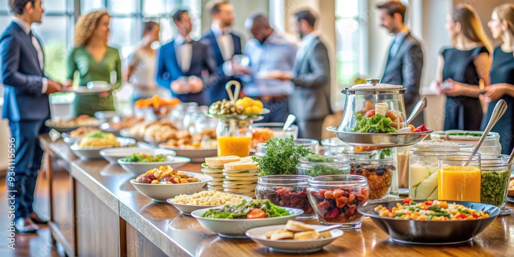 Fototapeta premium A Buffet Spread with Blurred Guests in the Background, Corporate Event, Food, Buffet, Catering , Business , Event