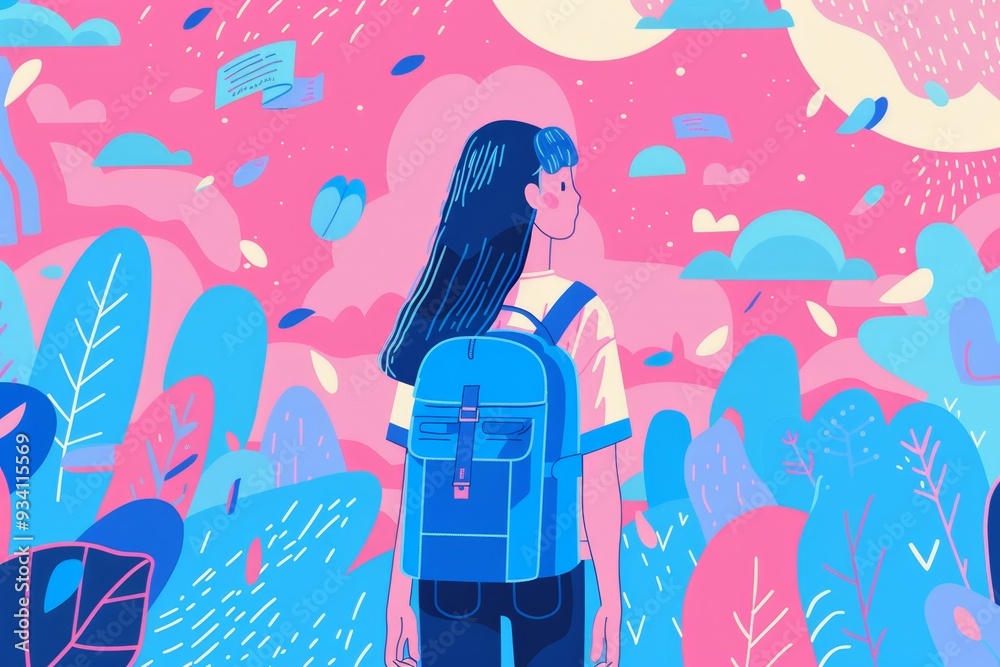 custom made wallpaper toronto digitalIllustration featuring a student against a sky blue and bubblegum pink background