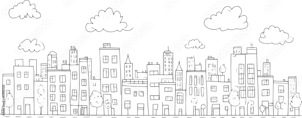 Obraz premium City landscape. Line urban backdrop. Skyline with clouds, different buildings on street, doodle street draw, outline cityscape hand sketch, flat houses. Hand drawn vector illustration