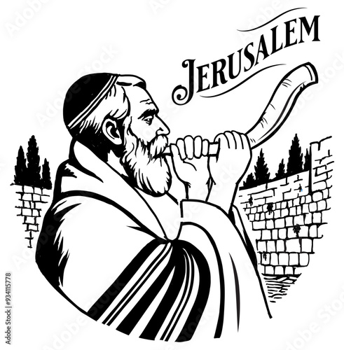 Jew in tallit blowing the shofar of Rosh Hashanah against the backdrop of the Wailing Wall in Jerusalem.
