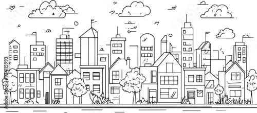 City landscape. Line urban backdrop. Skyline with clouds, different buildings on street, doodle street draw, outline cityscape hand sketch, flat houses. Hand drawn vector illustration
