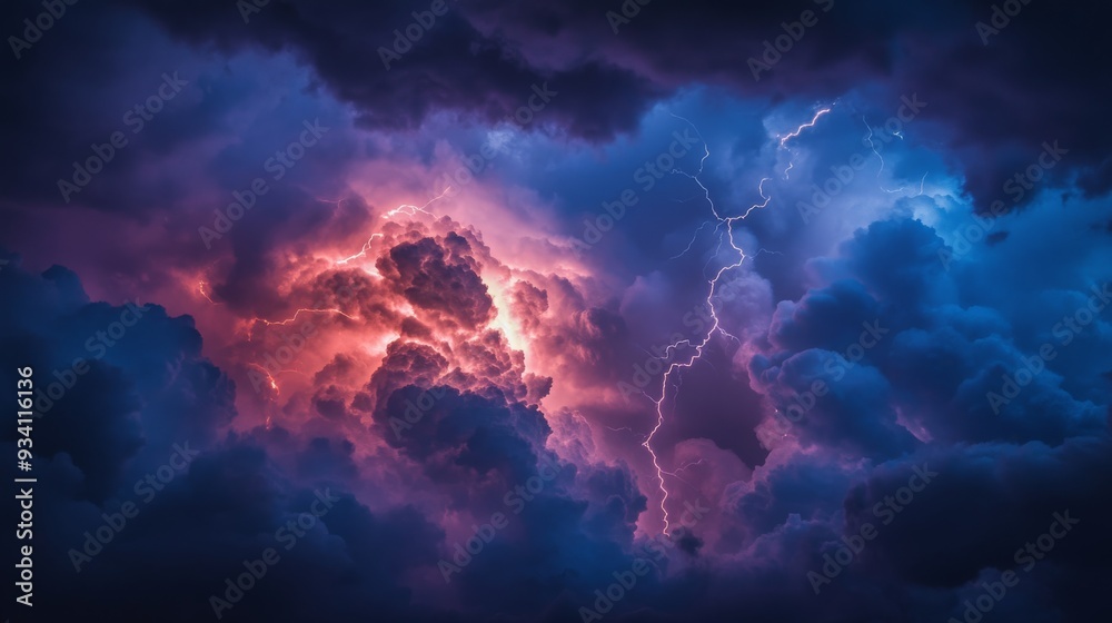 Fototapeta premium Multiple lightning strikes illuminating night clouds