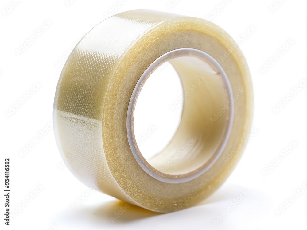Macro view of a transparent adhesive tape strip isolated on a clean white background, showcasing the tape's texture and sticky surface. Macro view of a transparent adhesive tape strip isolated on a clean white background, showcasing the tape's texture and sticky surface.