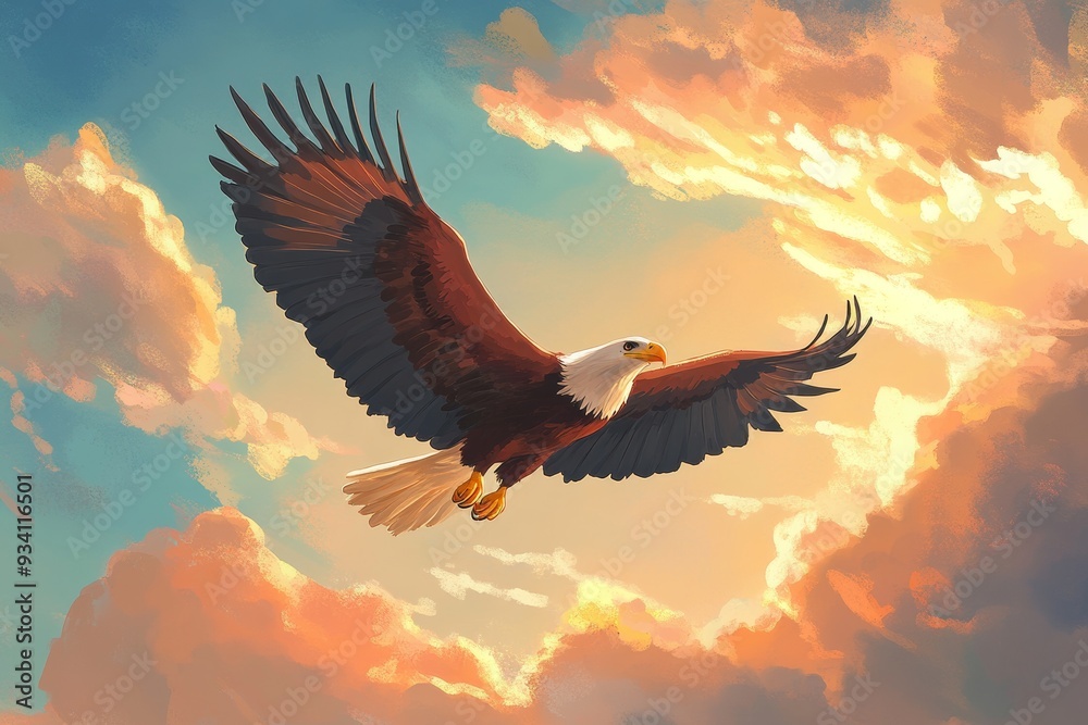 Fototapeta premium Bald Eagle Flying Through Colorful Sunset Sky