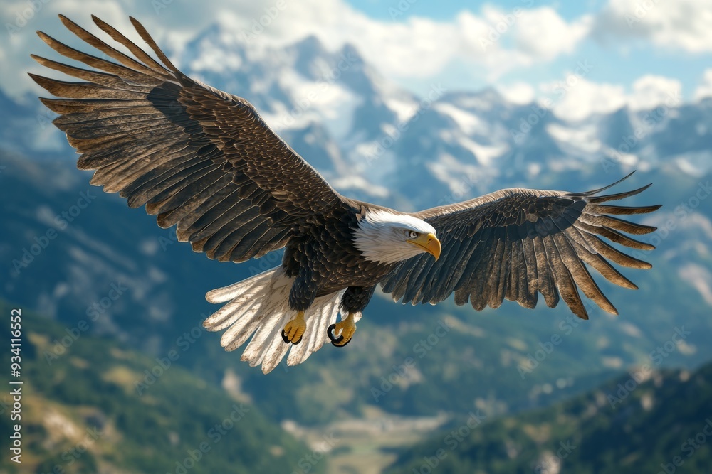 Obraz premium Majestic Bald Eagle Soaring Over Mountain Landscape