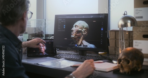Mature archaeologist examines fossil skull, uses tablet computer and PC and creates 3D model of ancient extinct human head, makes notes in notebook. Scientist works in modern archaeological laboratory