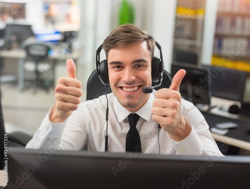 Young man help desk agent showing thumbs up while sitting at his desk working with headsets in an open office.