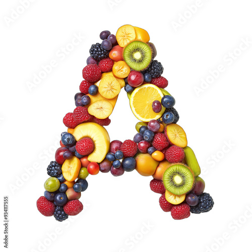 A fruit salad is used to spell out the letter A isolated on transparent or white background