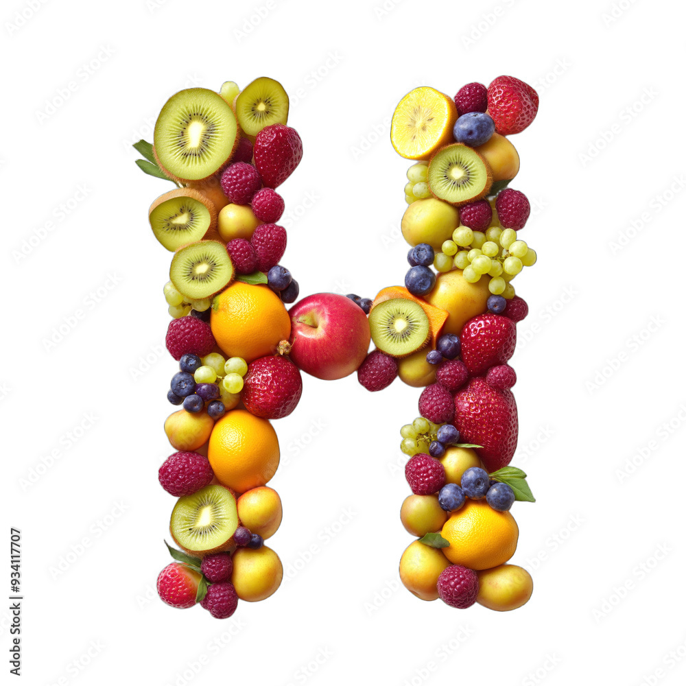 A fruit salad is used to spell out the letter H isolated on transparent or white background A fruit salad is used to spell out the letter H isolated on transparent or white background