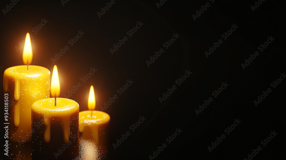 Three golden candles burning against dark background. Three golden candles burning against dark background.
