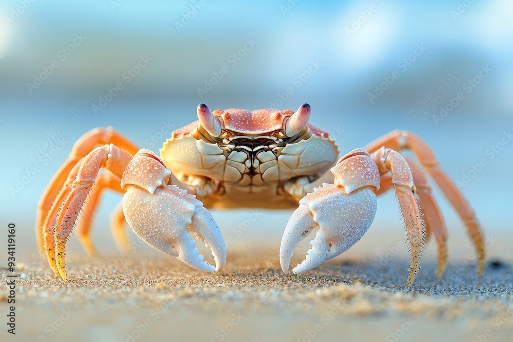 Closeup of a Crab on a Sandy Beach - A crab on a sandy beach, the blue sky in the background, its claws are open ready to grab. It is a symbol of the ocean, nature, wildlife, crustacean and summer. Closeup of a Crab on a Sandy Beach - A crab on a sandy beach, the blue sky in the background, its claws are open ready to grab. It is a symbol of the ocean, nature, wildlife, crustacean and summer.