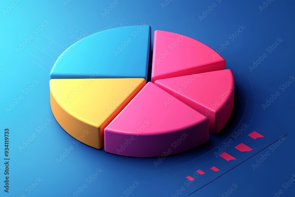 Obraz premium Colorful 3D Pie Chart for Data Visualization - A vibrant 3D pie chart with five segments, symbolizing data analysis, market share, business strategy, financial performance, and project progress.