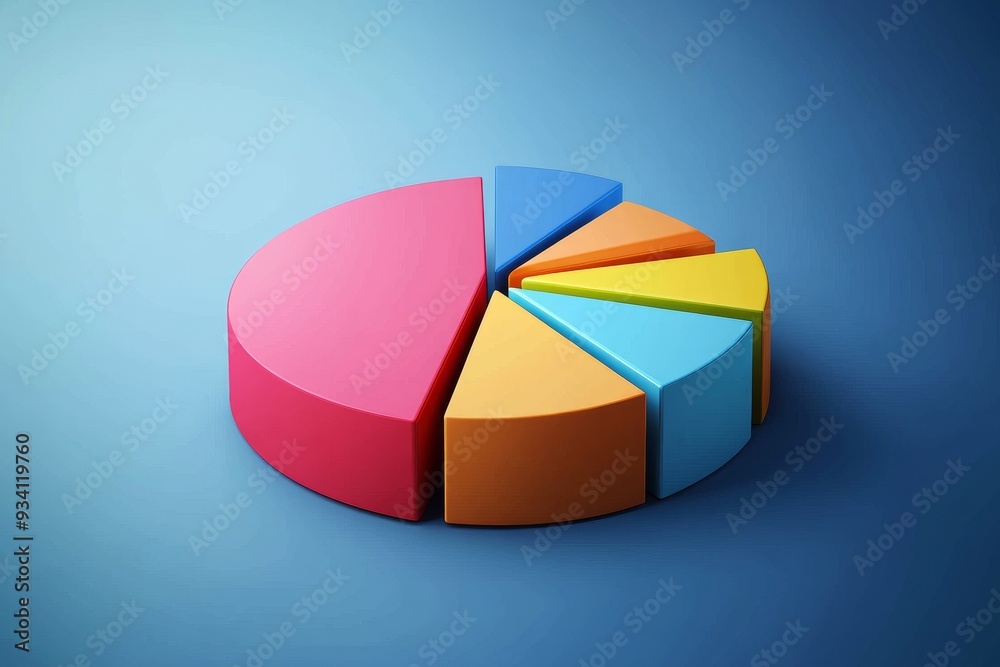 Fototapeta premium Colorful 3D Pie Chart Representing Data and Statistics - A vibrant 3D pie chart divided into seven sections, showcasing data visualization and analysis, representing different categories or segments o