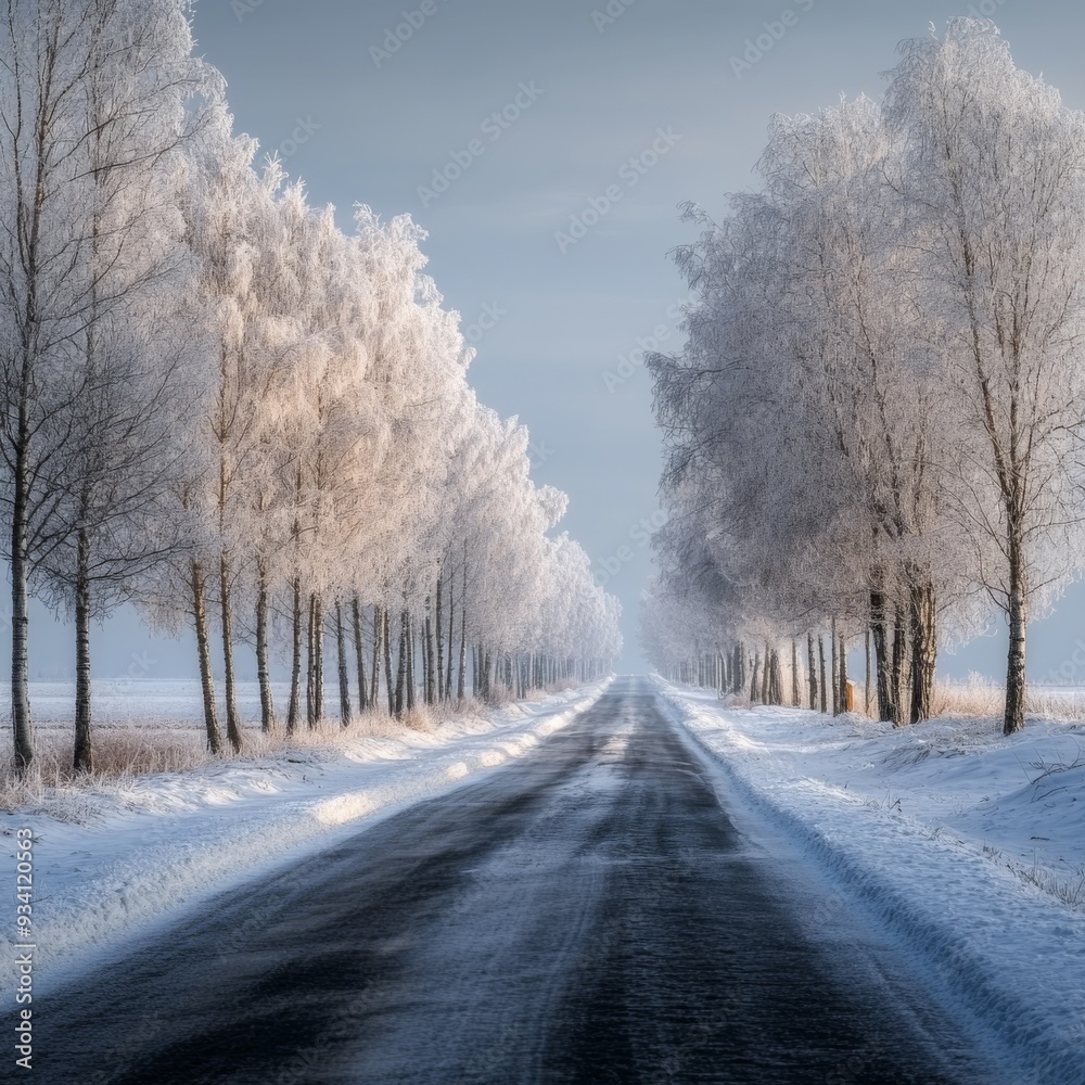 Snowy road lined with frozen trees, the road surface slightly shiny from ice and surrounded by a soft, gray winter sky Snowy road lined with frozen trees, the road surface slightly shiny from ice and surrounded by a soft, gray winter sky