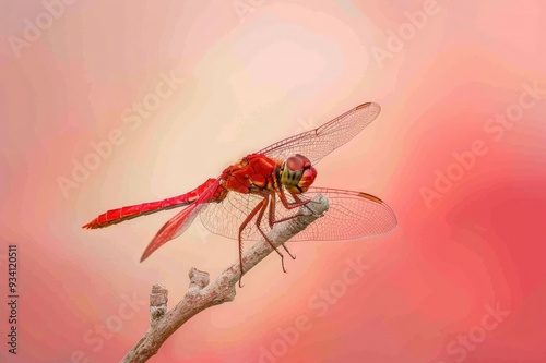 A close-up of a green dragonfly perched on a branch in a sunny meadow. Beautiful simple AI generated image photo