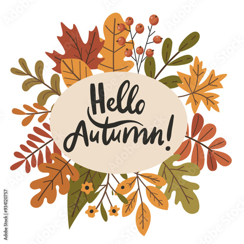 A colorful autumn leafy design with the words Hello Autumn! written in cursive. The design is playful and cheerful, with a focus on the beauty of the season