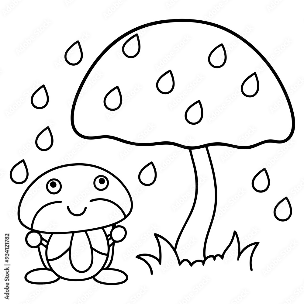 Naklejka premium There mushroom and frog rain Coloring page