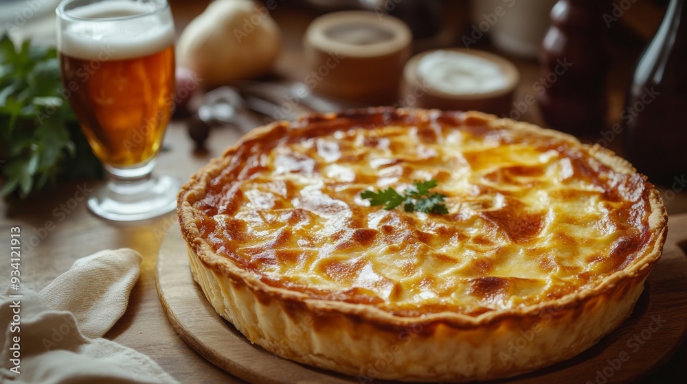 German national cuisine: Alsatian beer pie (Tarte flambe)— a popular dish of Alsatian cuisine, a flat open pie with white cheese, partly reminiscent of pizza. German national cuisine: Alsatian beer pie (Tarte flambe)— a popular dish of Alsatian cuisine, a flat open pie with white cheese, partly reminiscent of pizza.