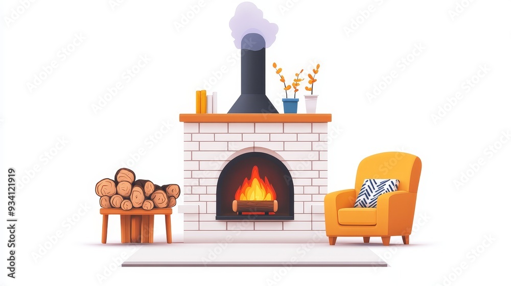 Naklejka premium Cozy Fireplace and Armchair for Relaxing Winter Evenings - A warm and inviting fireplace with a roaring fire, a comfortable armchair, and a stack of firewood. This image evokes feelings of comfort, wa