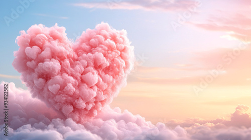 A heart made of pink clouds in the sky. The sky is blue and the sun is setting, creating a warm and romantic atmosphere