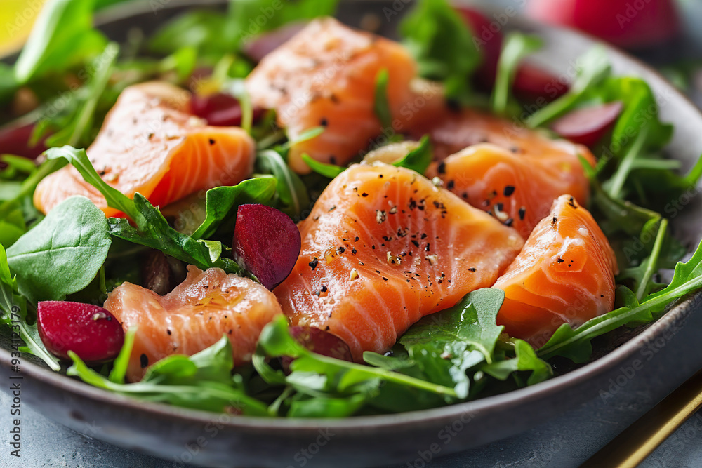 Smoked salmon salad with fresh greens and beets Smoked salmon salad with fresh greens and beets