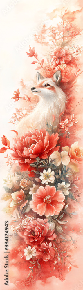 A white fox is standing in front of a flower arrangement. The flowers are pink and the fox is looking up. The image has a peaceful and serene mood, with the fox and flowers creating a sense of harmony A white fox is standing in front of a flower arrangement. The flowers are pink and the fox is looking up. The image has a peaceful and serene mood, with the fox and flowers creating a sense of harmony