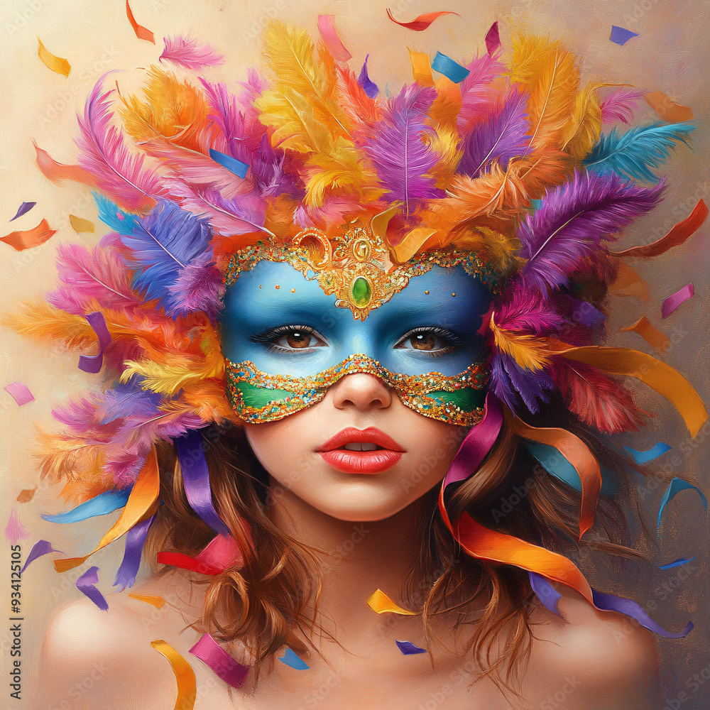 A woman wearing a colorful mask with feathers and ribbons. The mask is blue and has gold accents. The woman's face is painted with red lipstick. The image is a colorful