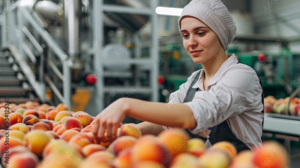 A focused woman in uniform sorts through fresh fruits, ensuring quality and freshness in a bustling agricultural setting A focused woman in uniform sorts through fresh fruits, ensuring quality and freshness in a bustling agricultural setting