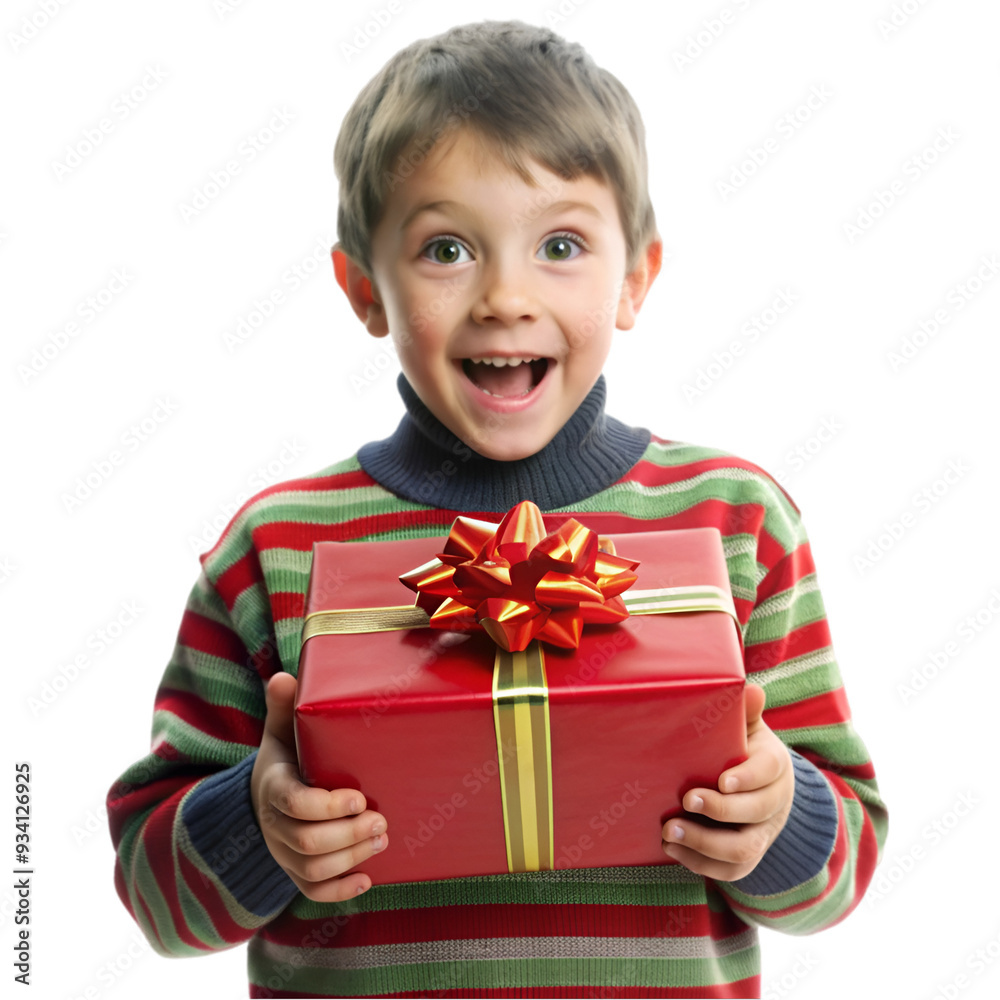 Happy child in red sweater and Santa hat holding Christmas present Happy child in red sweater and Santa hat holding Christmas present